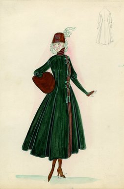 <em>"Coat, 1915. Dark green ankle length, full skirt; fitted top with mutton sleeves, high stand up collar in brown with narrow orange and green stripes; coat with side closure in same brown with orange and green stripes and green ties with tassels; brown fur muff; brown fez with green veil. (Bendel Collection, HB 014-11)"</em>, 1915. Fashion sketch, 12.25 x 8.5 in (31.1 x 21.6 cm). Brooklyn Museum, Fashion sketches. (Photo: Brooklyn Museum, SC01.1_Bendel_Collection_HB_014-11_1915_SL5.jpg