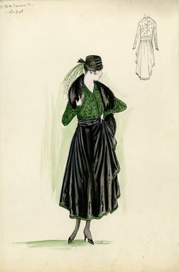 <em>"Day dress, Callot Soeurs, 'Pour Varneu', 1915. Black ankle length skirt with side drape, dark green trim; dark green v-neck bodice, fabric with black design; black fur stole; black hat. (Bendel Collection, HB 014-12)"</em>, 1915. Fashion sketch, 12.25 x 8.5 in (31.1 x 21.6 cm). Brooklyn Museum, Fashion sketches. (Photo: Brooklyn Museum, SC01.1_Bendel_Collection_HB_014-12_1915_Callot_SL5.jpg