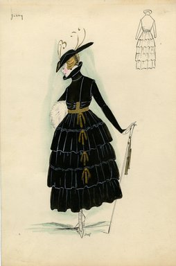 <em>"Coat, Jenny, 1915. Black ankle length coat, four-tierred skirt; fitted bodice with exagerated funnel-shaped stand up collar; gold belt and four gold tassels down front of coat; black hat with pointed brim in front and gold feathers; white fur muff, white walking stick with two long gold tassels. (Bendel Collection, HB 014-13)"</em>, 1915. Fashion sketch, 12.25 x 8.5 in (31.1 x 21.6 cm). Brooklyn Museum, Fashion sketches. (Photo: Brooklyn Museum, SC01.1_Bendel_Collection_HB_014-13_1915_Jenny_SL5.jpg