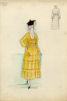 <em>"Dress, Doucet, 1915. Gold ankle length dress, full skirt; bodice with full sheer sleeves, white stand up collar; small black hat with with short black veil. (Bendel Collection, HB 014-14)"</em>, 1915. Fashion sketch, 12.25 x 8.5 in (31.1 x 21.6 cm). Brooklyn Museum, Fashion sketches. (Photo: Brooklyn Museum, SC01.1_Bendel_Collection_HB_014-14_1915_Doucet_SL5.jpg