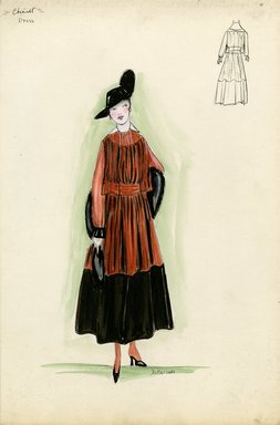 <em>"Day dress, Chéruit, 1915. Black and orange dress, full skirt, bottom half black, top half orange; sleeveless black bodice with sheer orange sleeves with black cuffs and sheer orange vest, white collar; black hat with wide brim turned up on one side; black fur stole. (Bendel Collection, HB 014-15)"</em>, 1915. Fashion sketch, 12.25 x 8.5 in (31.1 x 21.6 cm). Brooklyn Museum, Fashion sketches. (Photo: Brooklyn Museum, SC01.1_Bendel_Collection_HB_014-15_1915_Cheruit_SL5.jpg