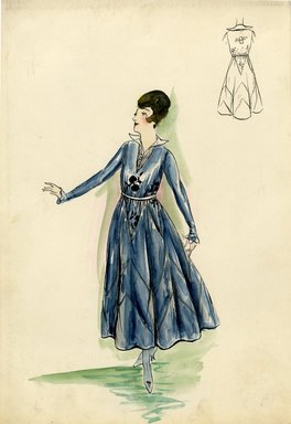 <em>"Day dress, 1915. Blue ankle length dress, full skirt; bodice with white collar insert, long sleeves with ruffle at wrist; narrow white waist band; fabric has black flowers on bodice and top of skirt. (Bendel Collection, HB 914-16)"</em>, 1915. Fashion sketch, 12.25 x 8.5 in (31.1 x 21.6 cm). Brooklyn Museum, Fashion sketches. (Photo: Brooklyn Museum, SC01.1_Bendel_Collection_HB_014-16_1915_SL5.jpg