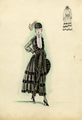 <em>"Day dress, 1915. Grey ankle length dress, full skirt with three horizontal black bands and long waist sash; open front bodice with sheer sleeves, white under blouse with stand up collar with ruffle; small black hat with feathers; black muff. (Bendel Collection, 014-17)"</em>, 1915. Fashion sketch, 12.25 x 8.5 in (31.1 x 21.6 cm). Brooklyn Museum, Fashion sketches. (Photo: Brooklyn Museum, SC01.1_Bendel_Collection_HB_014-17_1915_SL5.jpg