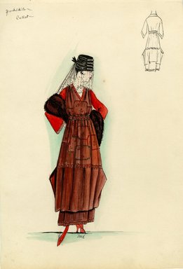 <em>"Day dress, Callot Soeurs, 'Yochikito', 1915. Brown ankle length dress, embroidery on skirt and bodice; red sleeves; dark brown fur stole; black hat with tall crown, black veil. (Bendel Collection, HB 014-19)"</em>, 1915. Fashion sketch, 12.25 x 8.5 in (31.1 x 21.6 cm). Brooklyn Museum, Fashion sketches. (Photo: Brooklyn Museum, SC01.1_Bendel_Collection_HB_014-19_1915_Callot_SL5.jpg