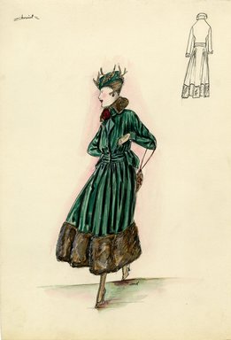 <em>"Coat, Chéruit, 1915. Dark green ankle length coat, full skirt with wide brown fur hem; belt at waist, brown fur collar; green pill box hat with brown birds; small brown purse. (Bendel Collection, HB 014-20)"</em>, 1915. Fashion sketch, 12.25 x 8.5 in (31.1 x 21.6 cm). Brooklyn Museum, Fashion sketches. (Photo: Brooklyn Museum, SC01.1_Bendel_Collection_HB_014-20_1915_Cheruit_SL5.jpg