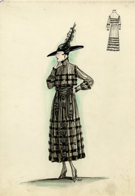 <em>"Day dress, 1915. Black ankle length dress, full skirt with horizontal black bands and black rosettes; bodice with high neck and long full sleeves, wide waist sash with tassels and rosettes; black hat with wide brim and tall feather. (Bendel Collection, HB 014-21)"</em>, 1915. Fashion sketch, 12.25 x 8.5 in (31.1 x 21.6 cm). Brooklyn Museum, Fashion sketches. (Photo: Brooklyn Museum, SC01.1_Bendel_Collection_HB_014-21_1915_SL5.jpg