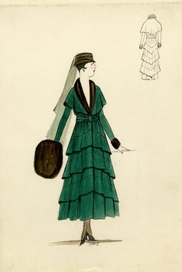 <em>"Coat, 1915. Dark green ankle length coat, full skirt with four tiers and belt;  bodice with short capelet, dark brown fur shawl collar and cuffs; dark brown fur muff; small brown fedora with long veil in back. (Bendel Collection, HB 014-22)"</em>, 1915. Fashion sketch, 12.25 x 8.5 in (31.1 x 21.6 cm). Brooklyn Museum, Fashion sketches. (Photo: Brooklyn Museum, SC01.1_Bendel_Collection_HB_014-22_1915_SL5.jpg