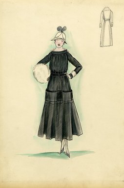 <em>"Day dress, 1915. Black ankle length dress, full skirt; bodice with bateau neck, white fur cuffs; white fur muff; white tulip shaped hate with feathers. (Bendel Collection, HB 014-23)"</em>, 1915. Fashion sketch, 12.25 x 8.5 in (31.1 x 21.6 cm). Brooklyn Museum, Fashion sketches. (Photo: Brooklyn Museum, SC01.1_Bendel_Collection_HB_014-23_1915_SL5.jpg