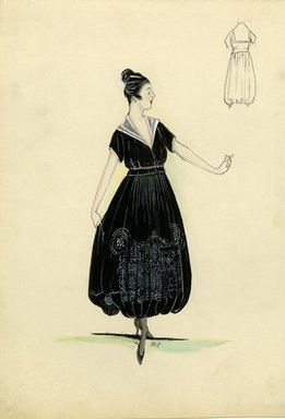 <em>"Day dress, 1915. Black ankle length dress, balloon skirt with white embroidery; short sleeved bodice with white double collar. (Bendel Collection, HB 014-24)"</em>, 1915. Fashion sketch, 12.25 x 8.5 in (31.1 x 21.6 cm). Brooklyn Museum, Fashion sketches. (Photo: Brooklyn Museum, SC01.1_Bendel_Collection_HB_014-24_1915_SL5.jpg