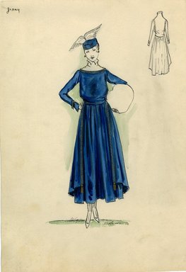 <em>"Day dress, Jenny, 1915. Blue ankle length dress, full skirt; bodice with bateau neckline and white under blouse with stand up collar, long sleeves; neckline, sleeves and dress trimmed with blue and gold bands; white fur muff; blue pill box hat. (Bendel Collection, HB 014-25)"</em>, 1915. Fashion sketch, 12.25 x 8.5 in (31.1 x 21.6 cm). Brooklyn Museum, Fashion sketches. (Photo: Brooklyn Museum, SC01.1_Bendel_Collection_HB_014-25_1915_Jenny_SL5.jpg