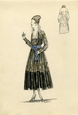 <em>"Dress, 1915. Black tea length dress, full skirt with horizontal band in gold with geometric design; blue waist sash with rosettes; sheer black bodice with stand up ruffle collar and long sleeves, bodice, sleeves and cuffs with gold design. (Bendel Collection, HB 014-26)"</em>, 1915. Fashion sketch, 12.25 x 8.5 in (31.1 x 21.6 cm). Brooklyn Museum, Fashion sketches. (Photo: Brooklyn Museum, SC01.1_Bendel_Collection_HB_014-26_1915_SL5.jpg