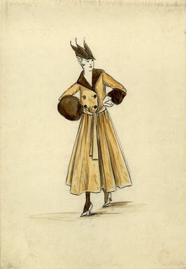 <em>"Coat, 1915. Tan ankle length coat, full skirt, double breasted with large brown buttons; wide brown collar and cuffs, brown muff; waist sash; small brown hat with feathers. (Bendel Collection, HB 014-27)"</em>, 1915. Fashion sketch, 12.25 x 8.5 in (31.1 x 21.6 cm). Brooklyn Museum, Fashion sketches. (Photo: Brooklyn Museum, SC01.1_Bendel_Collection_HB_014-27_1915_SL5.jpg