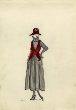 <em>"Day dress, 1915. Grey ankle length dress, full skirt, two patch pockets; tall funnel shaped neck with buttons, row of buttons at shoulder; dark red vest; matching dark red hat with low brim and grey rose. (Bendel Collection, HB 014-28)"</em>, 1915. Fashion sketch, 12.25 x 8.5 in (31.1 x 21.6 cm). Brooklyn Museum, Fashion sketches. (Photo: Brooklyn Museum, SC01.1_Bendel_Collection_HB_014-28_1915_SL5.jpg