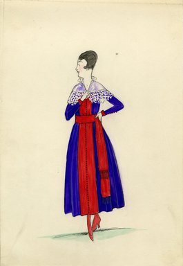 <em>"Dress, 1915. Purple ankle length dress, full skirt, red panel down center front of dress, wide red waist sash; long sleeves with red cuffs and buttons, white capelet with stand up collar. (Bendel Collection, HB 014-29)"</em>, 1915. Fashion sketch, 12.25 x 8.5 in (31.1 x 21.6 cm). Brooklyn Museum, Fashion sketches. (Photo: Brooklyn Museum, SC01.1_Bendel_Collection_HB_014-29_1915_SL5.jpg