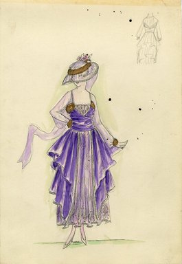 <em>"Dress, 1915. Purple ankle length dress, sheer purple underskirt; purple bodice with sheer purple long sleeves; cuffs and bodice trimmed in brown fur; sheer purple hat, wide brim, brown fur band and cluster of roses. (Bendel Collection, HB 014-30)"</em>, 1915. Fashion sketch, 12.25 x 8.5 in (31.1 x 21.6 cm). Brooklyn Museum, Fashion sketches. (Photo: Brooklyn Museum, SC01.1_Bendel_Collection_HB_014-30_1915_SL5.jpg