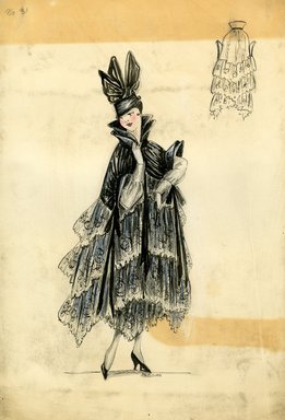 <em>"Cape, Spring 1916. Black lace ankle length cape with black stand up collar; small black hat with exaggerated bow. (Bendel Collection, HB 015-01)"</em>, 1916. Fashion sketch, 12.25 x 8.5 in (31.1 x 21.6 cm). Brooklyn Museum, Fashion sketches. (Photo: Brooklyn Museum, SC01.1_Bendel_Collection_HB_015-01_1916_SL5.jpg