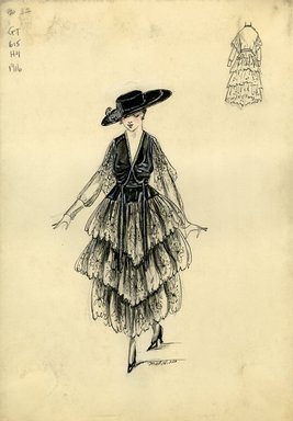 <em>"Dress, Spring 1916. Ankle length lace dress with three tierred skirt; black vest-style bodice with peplum and lace sleeves; black hat with wide flat brim and short crown. (Bendel Collection, HB 015-02)"</em>, 1916. Fashion sketch, 12.25 x 8.5 in (31.1 x 21.6 cm). Brooklyn Museum, Fashion sketches. (Photo: Brooklyn Museum, SC01.1_Bendel_Collection_HB_015-02_1916_SL5.jpg