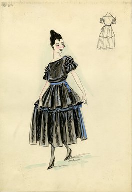 <em>"Dress, Spring 1916. Black tea length dress, full skirt with two tiers, trimmed in blue with blue bow; bodice with short gathered sleeves; blue belt. (Bendel Collection, HB 015-03)"</em>, 1916. Fashion sketch, 12.25 x 8.5 in (31.1 x 21.6 cm). Brooklyn Museum, Fashion sketches. (Photo: Brooklyn Museum, SC01.1_Bendel_Collection_HB_015-03_1916_SL5.jpg