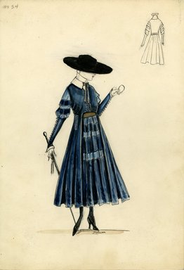 <em>"Dress, Spring 1916. Midnight blue tea length dress with full skirt; bodice with full sleeve to elbow and fitted from elbow to wrist with row of buttons, white stand up collar; black wide brimmed hat; walking stick. (Bendel Collection, HB 015-04)"</em>, 1916. Fashion sketch, 12.25 x 8.5 in (31.1 x 21.6 cm). Brooklyn Museum, Fashion sketches. (Photo: Brooklyn Museum, SC01.1_Bendel_Collection_HB_015-04_1916_SL5.jpg