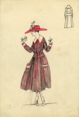 <em>"Day ensemble, Spring 1916. Orange and black plaid tea length skirt, patch pockets trimmed in white and orange; short jacket buttoned down front, flat white Pilgrim-style collar trimmed in orange, long sleeves with white and orange cuffs; narrow orange wai"</em>, 1916. Fashion sketch, 12.25 x 8.5 in (31.1 x 21.6 cm). Brooklyn Museum, Fashion sketches. (Photo: Brooklyn Museum, SC01.1_Bendel_Collection_HB_015-05_1916_SL5.jpg