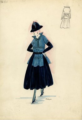 <em>"Dress, Spring 1916. Black tea length dress, full skirt; long blue blouse with blue and black sleeves, portrait collar; black belt; black helmet-style hat with blue flowers; blue stockings, black high heels. (Bendel Collection, HB 015-06)"</em>, 1916. Fashion sketch, 12.25 x 8.5 in (31.1 x 21.6 cm). Brooklyn Museum, Fashion sketches. (Photo: Brooklyn Museum, SC01.1_Bendel_Collection_HB_015-06_1916_SL5.jpg