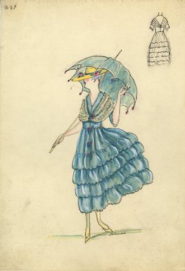 <em>"Day dress, Spring 1916. Light blue tea length dress, full skirt with four rows of ruffles; light blue bodice with white fichu and elbow length sleeves; yellow wide brimmed hat, large light blue parasol. (Bendel Collection, HB 015-07)"</em>, 1916. Fashion sketch, 12.25 x 8.5 in (31.1 x 21.6 cm). Brooklyn Museum, Fashion sketches. (Photo: Brooklyn Museum, SC01.1_Bendel_Collection_HB_015-07_1916_SL5.jpg