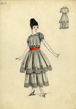 <em>"Day dress, Spring 1916. Black and white striped dress, ankle length skirt, two tiers; bodice with short cap sleeves, round neck, red waist sash. (Bendel Collection, HB 015-08)"</em>, 1916. Fashion sketch, 12.25 x 8.5 in (31.1 x 21.6 cm). Brooklyn Museum, Fashion sketches. (Photo: Brooklyn Museum, SC01.1_Bendel_Collection_HB_015-08_1916_SL5.jpg