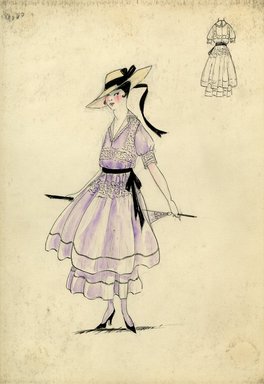 <em>"Day dress, Spring 1916. Lilac dress, ankle length, full skirt with underskirt; v-neck bodice, short full sleeve with wide cuff; light yellow wide brimmed hat with black ribbon band. (Bendel Collection, HB 015-10)"</em>, 1916. Fashion sketch, 12.25 x 8.5 in (31.1 x 21.6 cm). Brooklyn Museum, Fashion sketches. (Photo: Brooklyn Museum, SC01.1_Bendel_Collection_HB_015-10_1916_SL5.jpg