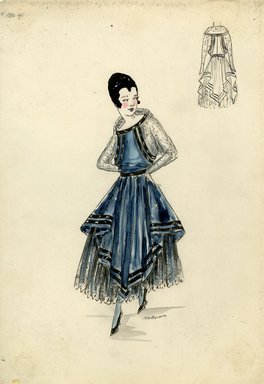 <em>"Evening dress, Spring 1916. Blue dress, ankle length, shorter on sides with black lace underskirt; blue bodice, sheer lace sleeves, portrait collar. (Bendel Collection, HB 015-11)"</em>, 1916. Fashion sketch, 12.25 x 8.5 in (31.1 x 21.6 cm). Brooklyn Museum, Fashion sketches. (Photo: Brooklyn Museum, SC01.1_Bendel_Collection_HB_015-11_1916_SL5.jpg