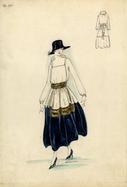 <em>"Dress, Spring 1916. White and black dress, ankle length full skirt in black and white, trimmed in the middle with brown fur; white bodice, square neck, portrait collar, long full sleeves; brown fur belt; black hat with deep crown and flat brim. (Bendel Co"</em>, 1916. Fashion sketch, 12.25 x 8.5 in (31.1 x 21.6 cm). Brooklyn Museum, Fashion sketches. (Photo: Brooklyn Museum, SC01.1_Bendel_Collection_HB_015-12_1916_SL5.jpg