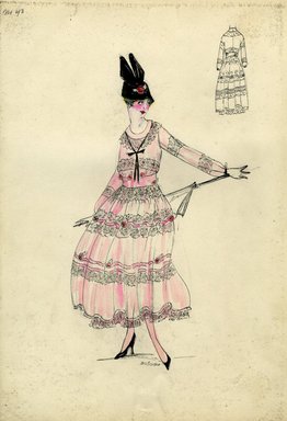 <em>"Day dress, Spring 1916. Pink dress, ankle length, full skirt trimmed with wide bands of lace, pink ribbon and small roses; bodice and sleeves trimmed with bands of lace, round neck; black hat, parasol. (Bendel Collection, HB 015-13)"</em>, 1916. Fashion sketch, 12.25 x 8.5 in (31.1 x 21.6 cm). Brooklyn Museum, Fashion sketches. (Photo: Brooklyn Museum, SC01.1_Bendel_Collection_HB_015-13_1916_SL5.jpg