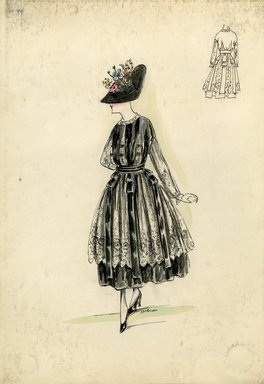 <em>"Dress, Spring 1916. Black dress with lace overskirt, ankle length, full skirt; black bodice with long lace sleeves, round neck; black waist sash; black hat with wide brim turned up in back, large bouquet of flowers on crown. (Bendel Collection, HB 015-14)"</em>, 1916. Fashion sketch, 12.25 x 8.5 in (31.1 x 21.6 cm). Brooklyn Museum, Fashion sketches. (Photo: Brooklyn Museum, SC01.1_Bendel_Collection_HB_015-14_1916_SL5.jpg