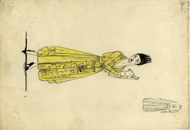 <em>"Day dress, Spring 1916. Light yellow-green dress, ankle length; v-neck bodice, long sleeves; abstract design in black on front of dress; waist sash. (Bendel Collection, HB 015-15)"</em>, 1916. Fashion sketch, 12.25 x 8.5 in (31.1 x 21.6 cm). Brooklyn Museum, Fashion sketches. (Photo: Brooklyn Museum, SC01.1_Bendel_Collection_HB_015-15_1916_SL5.jpg