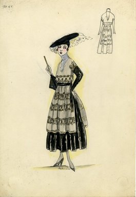 <em>"Day dress, Spring 1916. black dress, ankle length, full skirt; long taupe tunic with design, v-neck, short sleeves; grey high neck underneath; black hat with flat brim, black parasol. (Bendel Collection, HB 015-16)"</em>, 1916. Fashion sketch, 12.25 x 8.5 in (31.1 x 21.6 cm). Brooklyn Museum, Fashion sketches. (Photo: Brooklyn Museum, SC01.1_Bendel_Collection_HB_015-16_1916_SL5.jpg