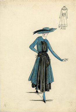 <em>"Dress, Spring 1916. Teal and black ankle length dress, full skirt; teal bodice with black panel in front, long sleeves; teal wide brimmed hat with black feathers. (Bendel Collection, HB 015-17)"</em>, 1916. Fashion sketch, 12.25 x 8.5 in (31.1 x 21.6 cm). Brooklyn Museum, Fashion sketches. (Photo: Brooklyn Museum, SC01.1_Bendel_Collection_HB_015-17_1916_SL5.jpg