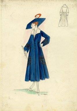 <em>"Coat, Spring 1916. Dark blue tea length coat, full skirt; large patch pockets and sleeves with red and silver design; large white flat collar; dark blue hat with wide brim and red feather; walking stick. (Bendel Collection, HB 015-18)"</em>, 1916. Fashion sketch, 12.25 x 8.5 in (31.1 x 21.6 cm). Brooklyn Museum, Fashion sketches. (Photo: Brooklyn Museum, SC01.1_Bendel_Collection_HB_015-18_1916_SL5.jpg