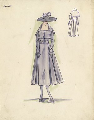 <em>"Day dress, Bendel's, Spring 1916. Light grey tea length dress, full skirt, triangle-shaped pockets; square neck bodice, short attached cape; light grey wide brim hat. (Bendel Collection, HB 015-19)"</em>, 1916. Fashion sketch, 12.25 x 8.5 in (31.1 x 21.6 cm). Brooklyn Museum, Fashion sketches. (Photo: Brooklyn Museum, SC01.1_Bendel_Collection_HB_015-19_1916_SL5.jpg