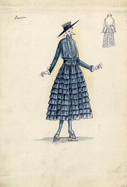 <em>"Day dress, Lanvin, Spring 1916. Blue dress, tea length, full skirt with muliple rows of ruffles; bodice with long sleeves, stand up collar and row of gold buttons down front and on sleeves; cummerbund-style belt; dark blue hat with wide brim. (Bendel Coll"</em>, 1916. Fashion sketch, 12.25 x 8.5 in (31.1 x 21.6 cm). Brooklyn Museum, Fashion sketches. (Photo: Brooklyn Museum, SC01.1_Bendel_Collection_HB_015-20_1916_Lanvin_SL5.jpg