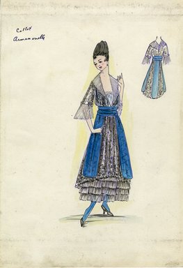 <em>"Day dress, Callot Soeurs, 'Armen onelle', Spring 1916. Lace dress, ankle length, full skirt with underskirt comprised of four rows of ruffles or pleats; bodice with low v-neck trimmed with pleated shawl collar, sleeves trimmed with same pleats; wide teal"</em>, 1916. Fashion sketch, 12.25 x 8.5 in (31.1 x 21.6 cm). Brooklyn Museum, Fashion sketches. (Photo: Brooklyn Museum, SC01.1_Bendel_Collection_HB_015-21_1916_Callot_SL5.jpg