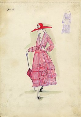 <em>"Day dress, Doucet, Spring 1916. Red and white striped dress, ankle length, full skirt with three rows of ruffles and rosettes; bodice or jacket with long sleeves, v-neck and stand up collar in back; belt with rosette; wide brimmed orange hat; orange paras"</em>, 1916. Fashion sketch, 12.25 x 8.5 in (31.1 x 21.6 cm). Brooklyn Museum, Fashion sketches. (Photo: Brooklyn Museum, SC01.1_Bendel_Collection_HB_015-22_1916_Doucet_SL5.jpg