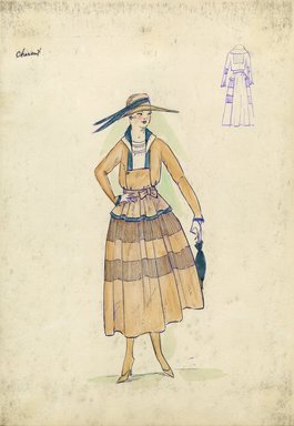 <em>"Day dress, Chéruit, Spring 1916. Tan dress, ankle length, full skirt; bodice or jacket with sailor-style collar trimmed in teal, long sleeves, low square neck, white under blouse; wide brimmed tan hat with teal feathers, drawstring purse. (Bendel Collecti"</em>, 1916. Fashion sketch, 12.25 x 8.5 in (31.1 x 21.6 cm). Brooklyn Museum, Fashion sketches. (Photo: Brooklyn Museum, SC01.1_Bendel_Collection_HB_015-23_1916_Cheruit_SL5.jpg