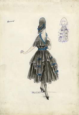 <em>"Dress, Arnold, Spring 1916. Black tea length dress, full skirt, shaped overskirt with teal bows; bodice with short cape-like design, low v-neck trimmed in teal; teal belt; black hat with turned up brim in back, teal bows. (Bendel Collection, HB 015-24)"</em>, 1916. Fashion sketch, 12.25 x 8.5 in (31.1 x 21.6 cm). Brooklyn Museum, Fashion sketches. (Photo: Brooklyn Museum, SC01.1_Bendel_Collection_HB_015-24_1916_Arnold_SL5.jpg