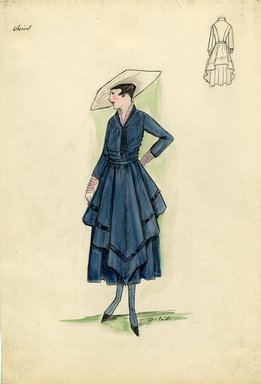 <em>"Day dress, Chéruit, Spring 1916. Dark blue tea length dress, full skirt, overskirt with point in front, trimmed in black; fitted bodice, long sleeves, ruffles at cuffs and neck; wide brimmed white hat. (Bendel Collection, HB 015-25)"</em>, 1916. Fashion sketch, 12.25 x 8.5 in (31.1 x 21.6 cm). Brooklyn Museum, Fashion sketches. (Photo: Brooklyn Museum, SC01.1_Bendel_Collection_HB_015-25_1916_Cheruit_SL5.jpg