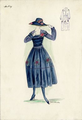 <em>"Day dress, Bulloz, Spring 1916. Dark blue tea length dress, full skirt, row of roses on skirt; fitted bodice, square neck, long sleeves; dark blue wide brimmed hat with roses. (Bendel Collection, HB 015-26)"</em>, 1916. Fashion sketch, 12.25 x 8.5 in (31.1 x 21.6 cm). Brooklyn Museum, Fashion sketches. (Photo: Brooklyn Museum, SC01.1_Bendel_Collection_HB_015-26_1916_Bulloz_SL5.jpg