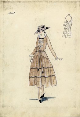 <em>"Day dress, Chéruit, Spring 1916. Tan tea length dress, full skirt; bodice with square neck, long sleeves, white lace jabot; wide brimmed tan hat. (Bendel Collection, HB 015-27)"</em>, 1916. Fashion sketch, 12.25 x 8.5 in (31.1 x 21.6 cm). Brooklyn Museum, Fashion sketches. (Photo: Brooklyn Museum, SC01.1_Bendel_Collection_HB_015-27_1916_Cheruit_SL5.jpg