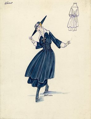 <em>"Day dress, Chéruit, Spring 1916. Dark blue tea length dress, full skirt; fitted bodice, three-quarter length sleeve; white pilgrim-style collar, white underblouse; dark blue wide brimmed hat. (Bendel Collection, HB 015-28)"</em>, 1916. Fashion sketch, 12.25 x 8.5 in (31.1 x 21.6 cm). Brooklyn Museum, Fashion sketches. (Photo: Brooklyn Museum, SC01.1_Bendel_Collection_HB_015-28_1916_Cheruit_SL5.jpg