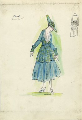 <em>"Day dress, Bendel, 'Chicken Model', Spring 1916. Teal tea length dress, full skirt; long jacket, wide cuffs, white ruffle in front; jacket with yellow and black design; teal hat with wide brim turned up in back. (Bendel Collection, HB 015-29)"</em>, 1916. Fashion sketch, 12.25 x 8.5 in (31.1 x 21.6 cm). Brooklyn Museum, Fashion sketches. (Photo: Brooklyn Museum, SC01.1_Bendel_Collection_HB_015-29_1916_SL5.jpg