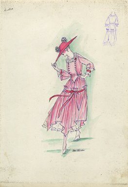 <em>"Day dress, Callot Soeurs, Spring 1916. Pink tea length dress, handkerchief hem, white underskirt; fitted bodice with two rows of buttons down front, bell shaped sleeves, white undersleeve, square neck trimmed in white; dark pink hat with wide brim. (Bende"</em>, 1916. Fashion sketch, 12.25 x 8.5 in (31.1 x 21.6 cm). Brooklyn Museum, Fashion sketches. (Photo: Brooklyn Museum, SC01.1_Bendel_Collection_HB_015-30_1916_Callot_SL5.jpg