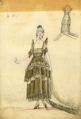 <em>"Evening dress, Spring 1916. Gold lace dress, ankle length, full skirt, tiers, train; square neck bodice low cut, short sleeves. (Bendel Collection, HB 016-01)"</em>, 1916. Fashion sketch, 12.25 x 8.5 in (31.1 x 21.6 cm). Brooklyn Museum, Fashion sketches. (Photo: Brooklyn Museum, SC01.1_Bendel_Collection_HB_016-01_1916_SL5.jpg