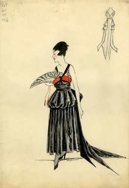 <em>"Evening dress, Spring 1916. Black ankle length dress, train, hip length overskirt; narrow red bandeau with black straps, three rows of red and black beads at shoulder; fan. (Bendel Collection, HB 016-02)"</em>, 1916. Fashion sketch, 12.25 x 8.5 in (31.1 x 21.6 cm). Brooklyn Museum, Fashion sketches. (Photo: Brooklyn Museum, SC01.1_Bendel_Collection_HB_016-02_1916_SL5.jpg